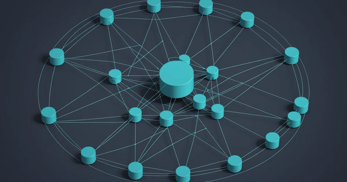 Abstract network topology showing multiple systems connected to a central hub node