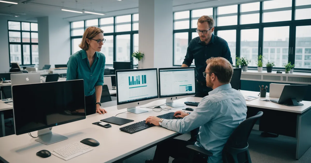 Group of ops team members reviewing automation results on a shared screen in a modern Berlin office